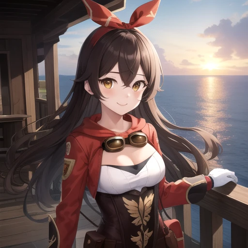 ((masterpiece)),(best quality),official art,extremely detailed CG,unity 8k wallpaper,ultra detailed,A lighthouse on a cliff by the sea,1girl,solo,upper body,looking at viewer,brown_hair,smile,shrug (clothing),crossed_bangs,very_long_hair,bangs,hair_ribbon,hair_between_eyes,brown_eyes,red_ribbon,cleavage,medium_breasts,yellow_eyes,long_sleeves,short_shorts,floating_hair,belt,brown_shorts,red_gloves,white_footwear,thigh_boots,pouch,goggles,goggles_on_head,red_thighhighs,<lora:Amber-remake final(gen)>,