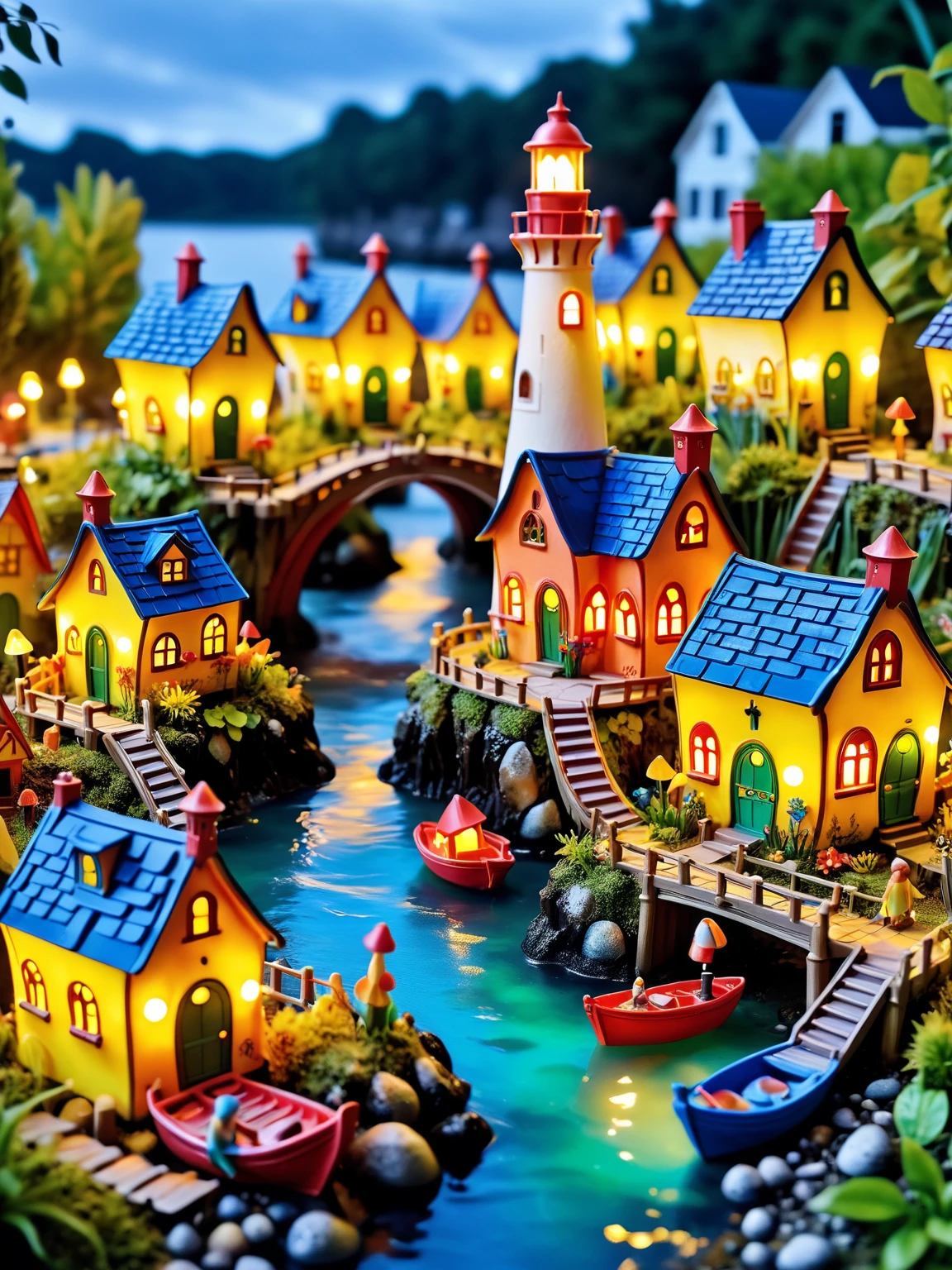 A whimsical miniature ais-colorfulplastic fairy village at night, with tiny ais-colorfulplastic habor, ais-colorfulplastic fishing boats, a ais-colorfulplastic lighthouse, ais-colorfulplastic houses, ais-colorfulplastic bridges, and gardens all made from ais-colorfulplastic, smoke from chimneys, buildings with ethereal lights, dark, atmospheric, dynamic, cinematic, masterpiece, intricate, hdr <lora:Colorful_Plastic_SDXL:1>