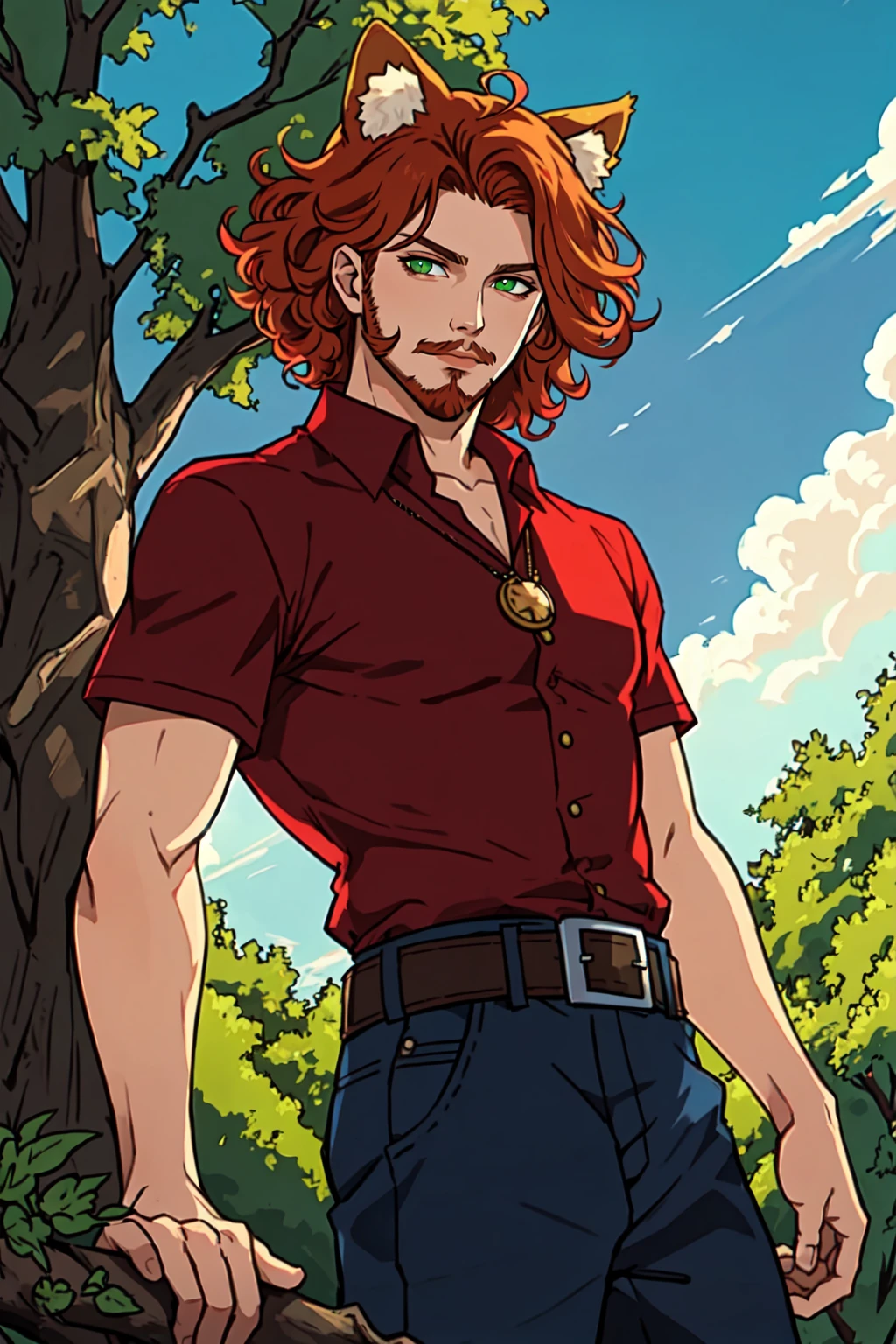 solo, looking at viewer, strawberry blonde hair, red hair, fluffy hair, curly hair, shirt, 1boy, animal ears, green eyes, male focus, outdoors, sky, day, belt, pants, tree, facial hair, germanic heritage, hispanic,