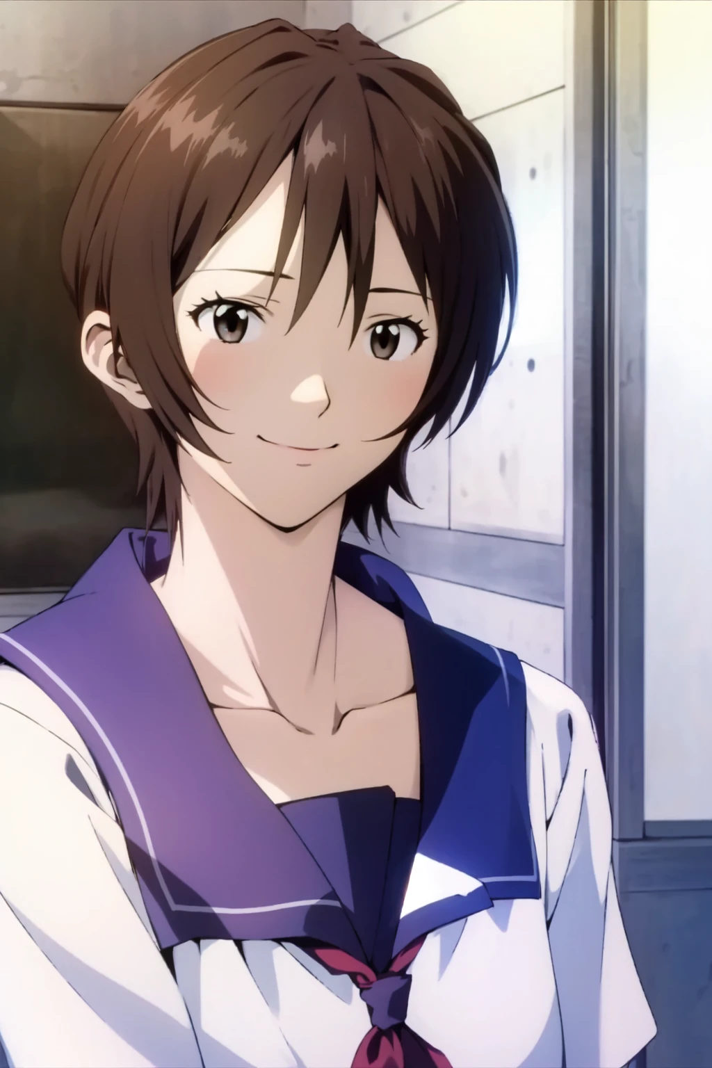 (RAW photo, best quality), 1girl, natural lighting <lora:eva_yui_ikari_v2_2-000004:1>, yui ikari, smile,
school uniform, sailor shirt, upper body,