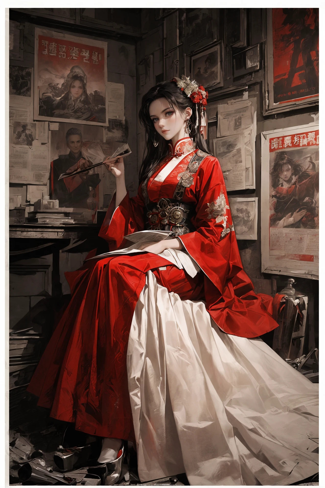 (dramatic, gritty, intense:1.4),(masterpiece,top quality,best quality,official art,beautiful and aesthetic:1.2), A mature face
1girl,newspaper background,full body,
SteamPunk,  A shot with tension(sky glows red,Visual impact,giving the poster a dynamic and visually striking appearance:1.2),Chinese Zen style,impactful picture,
<lora:b~h<foNewspaper:0.4>