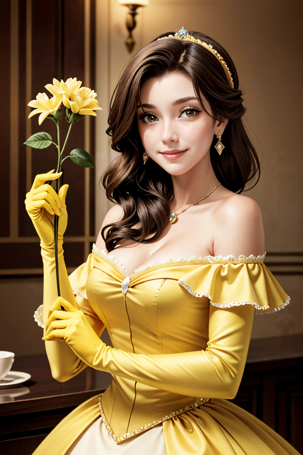 ((ultra detailed, masterpiece, best quality))
<lora:DisneyBelle:0.8>
DisneyBelle, 1girl, brown hair, gloves, solo, flower, dress, elbow gloves, brown eyes, rose, smile, long hair, earrings, jewelry, bare shoulders, holding flower, looking at viewer, yellow dress, makeup, blurry background, off shoulder, holding, yellow gloves