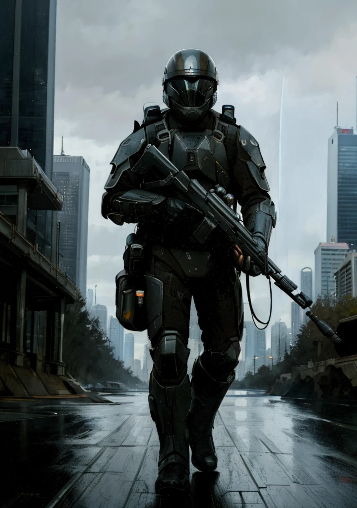 (illustration) (oil painting) an ODST wearing a helmet and holding a sniper rifle, walking, from side, outdoors, side view, night, rain, cityscape, stepping up, radio antenna, skyscraper, science fiction, sniper scope, black armor, backpack <lora:ODST-05:0.65> <lora:BetterGuns-V1:0.5>, art by Craig Mullins, art by Gustave Dore, art by Ralph McQuarrie <lora:ArsenalLoHa-v1.0:0.5>lora:Elixir:1>