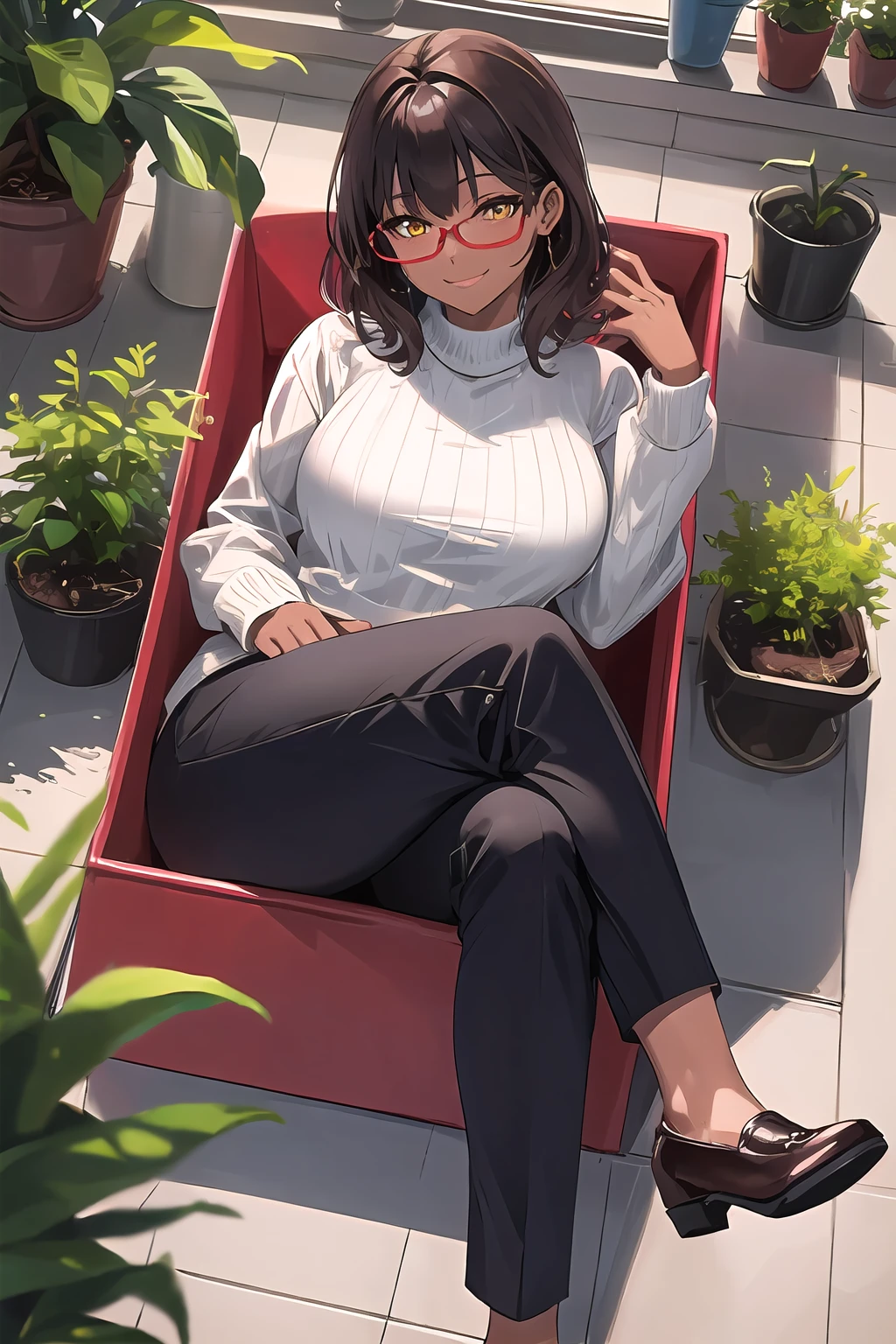 solo, masterpiece, hires,high resolution,(dark-skinned female:1.2), (dark skin:1.2) best quality, <lora:insidebox v1.1:0.7> ,in box, in container, insidebox, boxrelaxed, inside box, (red box:1.2), box with nothing inside, 1girl, large breasts, mature female,sweater, smile, (pants:1.2),lying, crossed legs,medium hair,brown hair, yellow eyes, glasses, plants, potted plants, greenhouse,