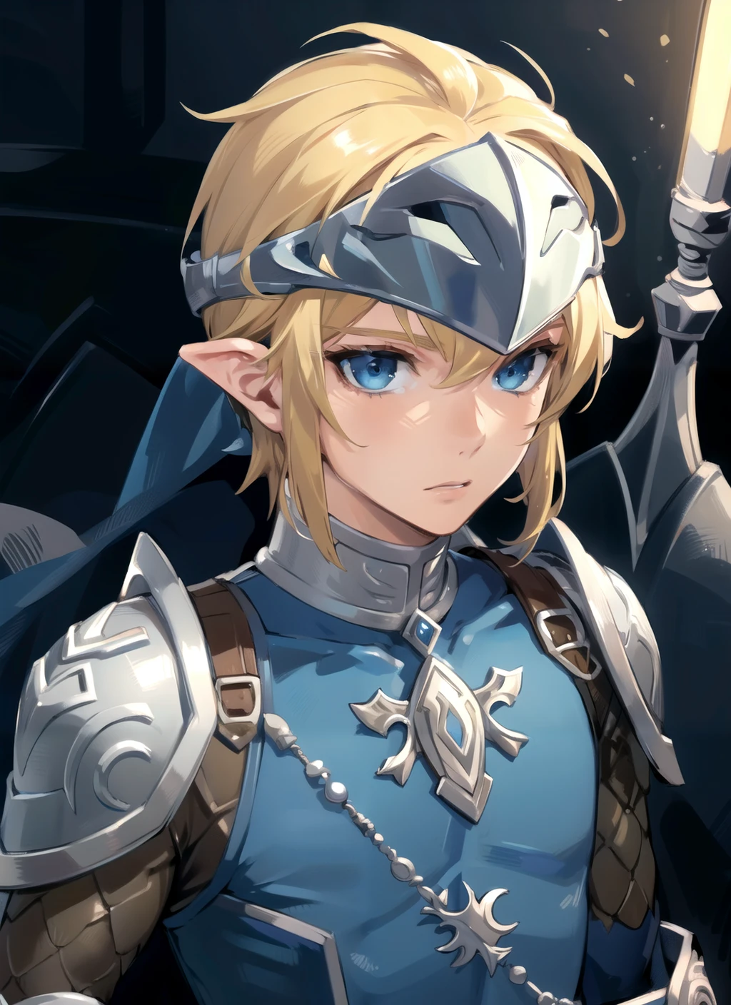 (masterpiece), (best quality),
detailed face, 1boy, solo,
zoralink, blue eyes, male focus, blonde hair ,helmet,upper body,   <lora:LinkZora-16:0.5>