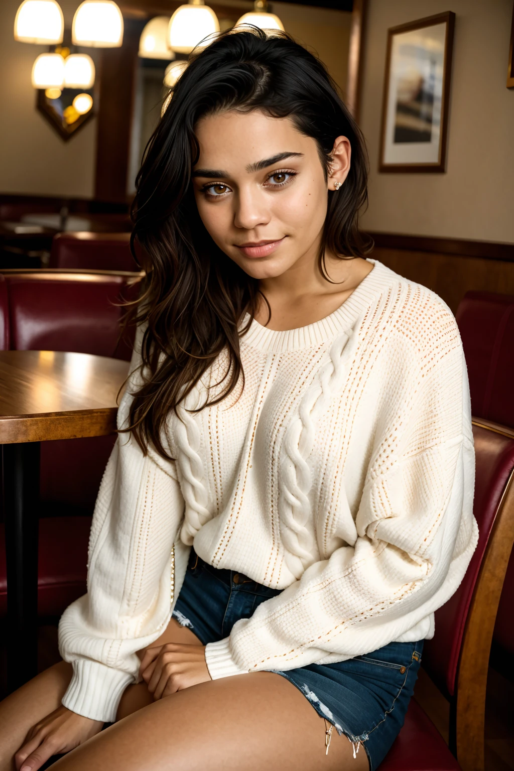 (masterpiece, best quality, high resolution:1.2), (seductive pose:1.2), (dynamic angle),
cinematic shot, hard shadows, RAW candid cinema, 16mm, color graded portra 400 film, remarkable color, ultra realistic, textudark skin, remarkable detailed pupils, realistic dull skin noise, visible skin detail, skin fuzz, dry skin, shot with cinematic camera, high quality photography, 3 point lighting, flash with softbox, 4k, Canon EOS R3, hdr, smooth, sharp focus, high resolution, award winning photo, 80mm, f2.8, bokeh
(1girl, 19 years old), <lora:ZH_VHudgens_DisneyEd:1>, zh_vhudgens_disneyed, solo, realistic, black hair, brown eyes, dark skin, looking at viewer, sweater, shorts, slight smile, sitting, restaurant,
