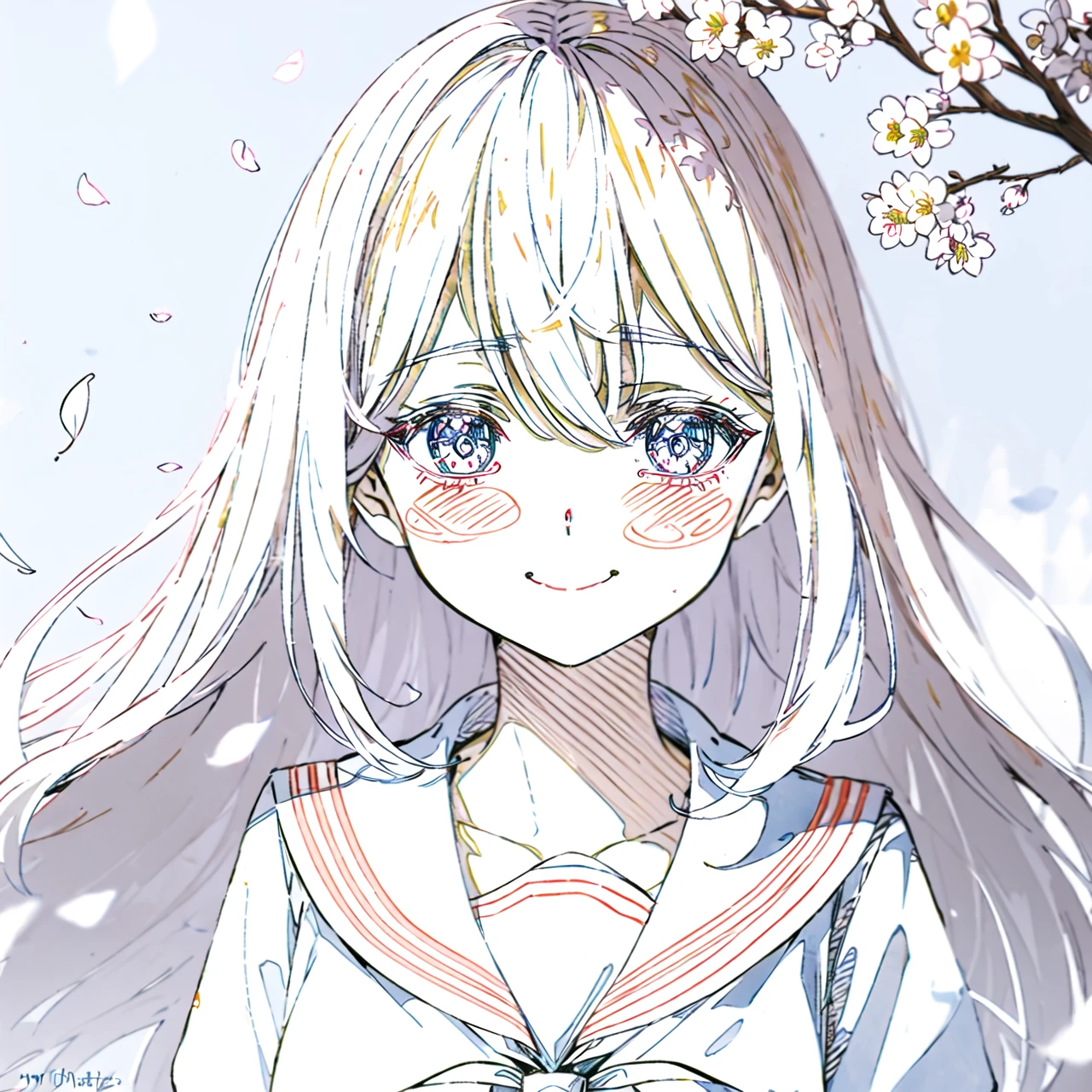close-up, face_focus, face, cherry_blossoms, outdoors, day, spring_\(season\), 1girl, white_hair, multicolored hair, solo, bangs, blush, looking_at_viewer, long_hair, branch, eyebrows_visible_through_hair, floating_hair,hair_between_eyes, sailor_collar, white_serafuku, pink_flower, petals, tree, white_shirt, wind, railing, smile, sky<lora:style_Harayutaka:0.8><lora:style_OriginalPicture:1>