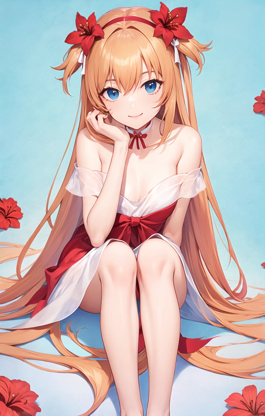 1girl, souryuu_asuka_langley, sitting, solo, head_rest, leaning_forward, hand_in_hair, hand_on_own_cheek, hand_on_own_face, collarbone, bare_shoulders, off_shoulder, strapless, strapless_dress, white_dress, dress, puffy_sleeves, ribbon_choker, bow, red_bow, hair_bow, red_ribbon,  hair_ornament, flower, pink_flower, red_flower, hibiscus, rose, lily_(flower), white_flower, long_hair, very_long_hair, orange_hair, brown_hair, blue_eyes, closed_mouth, smile, looking_at_viewer, bangs, eyebrows_visible_through_hair, hair_between_eyes, feet_out_of_frame, floral_background, gradient_background, see-through, gradient <lora:style_Create_Mihoyo:1> <lora:style_OriginalPicture:-0.6>