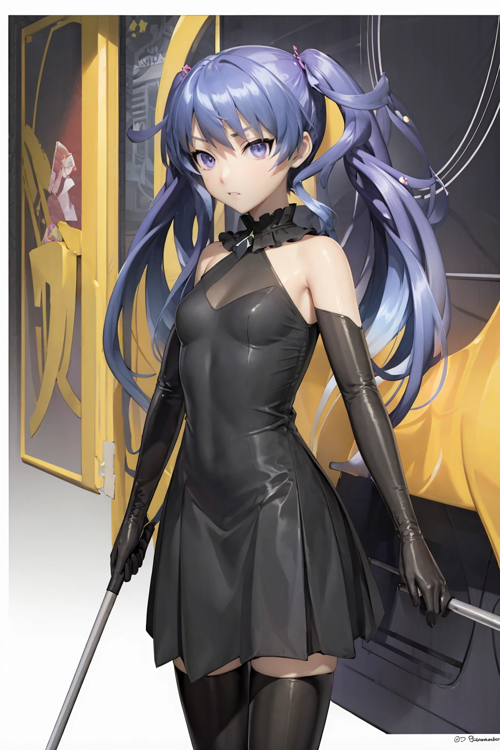 1girl,solo,full body,looking at viewer,long hair,twintails,(black dress:1.3),<lora:test1:0.8>,neck ribbon,elbow gloves,black black gloves,black thighhighs,(blue hair:1.2),(purple hair:1.1),purple eyes,simple background,(white background:1.2),disgust,front view,, masterpiece,best quality,highres,ultra high res,(abstract art:1.2),2d,(highlydetailed),(colorful),(intenseexpression),(fashionable),