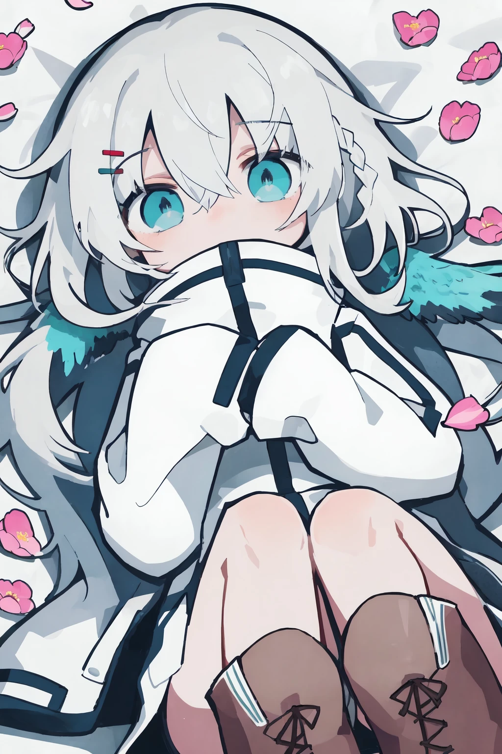 1girl, solo, flower, white hair, petals, blue eyes, looking at viewer, white jacket, sleeves past wrists, covered mouth, pink flower, jacket, boots, long sleeves, lying, hair ornament, on back, feathers, bangs, long hair, hair between eyes, braid, aqua eyes, chibi, so-style