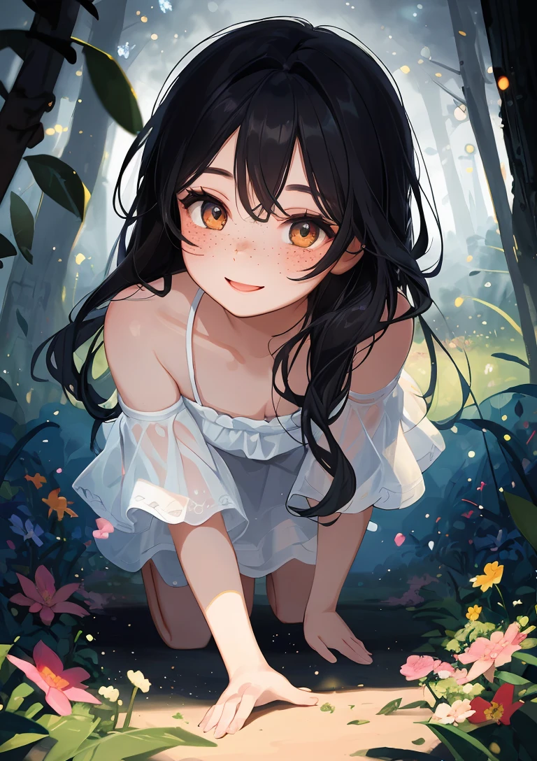 (full body) illustration of (young girl) (on knees, crawling) to the viewer, (beautiful face, cute face, kawaii face), (pale skin, freckles, long black hair, cute smile, blushing, white dress, bare shoulders), (beautiful background, nature in background), (best quality, high-quality, masterpiece:1.2, most detailed illustration, HD wallpaper, 4k full HD), (ecstasy of light and shadow, volumetric light and shadows:1.2, light particles, bloom:1.2), (contest winner illustration by lee jeffries)