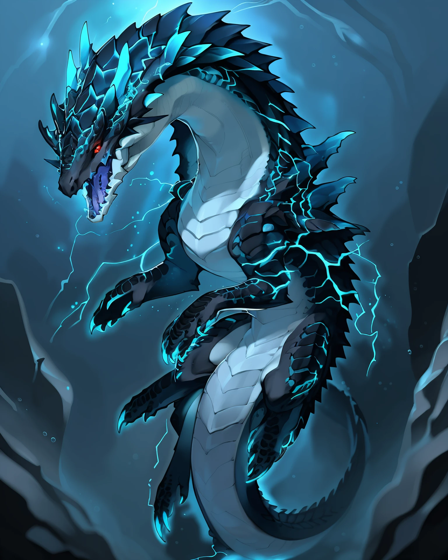<lora:MH_Lagiacrus_a3_4_VPred:1>,
feral,lagiacrus,solo,hi res,
detailed background,outdoors,by kame 3,(three-quarter view),red eyes,black scales,blue accents,glowing accents,underwater,open mouth,floating,lightning,darkness,