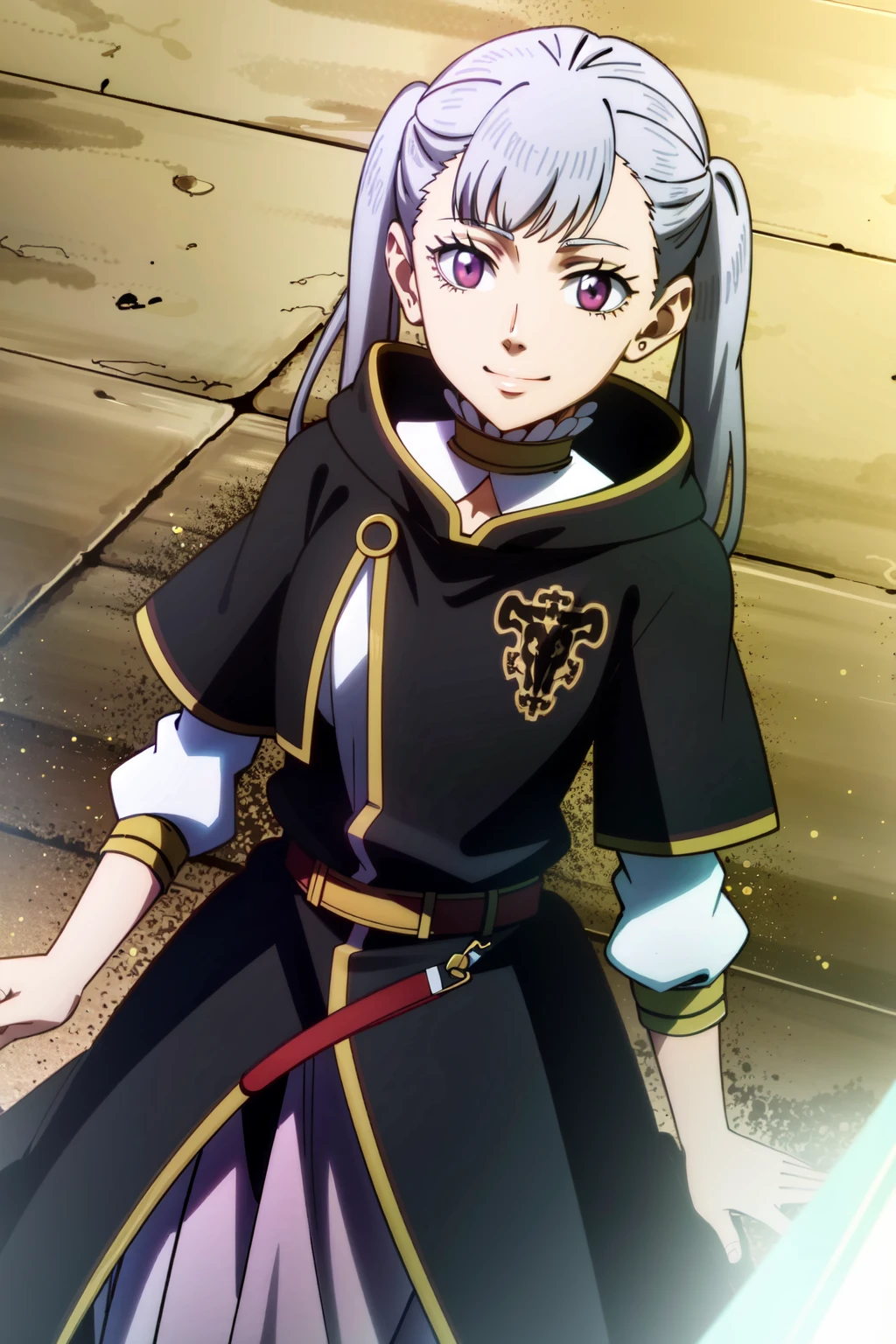 1girl, solo, long hair, twintails, looking at viewer, purple eyes, standing, smile, grey hair
<lora:Prodigy_BlackClover_Noelle:0.8>