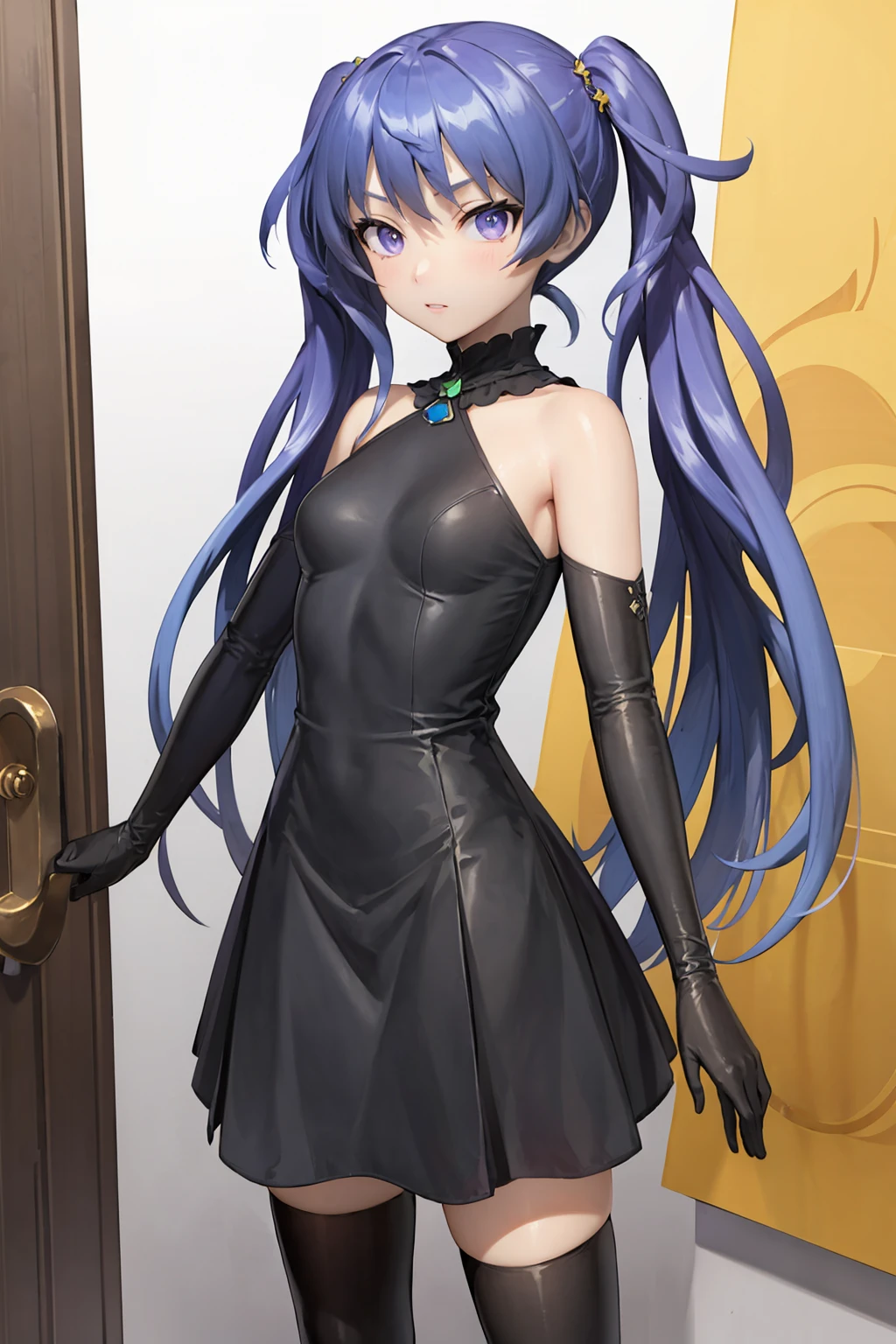 1girl,solo,full body,looking at viewer,(long hair:1.1),twintails,(black dress:1.3),<lora:test1:0.6>,neck ribbon,elbow gloves,black black gloves,black thighhighs,blue hair,purple hair,purple eyes,simple background,(white background:1.2),disgust,front view,, masterpiece,best quality,highres,ultra high res,(abstract art:1.2),2d,(highlydetailed),(colorful),(intenseexpression),(fashionable),