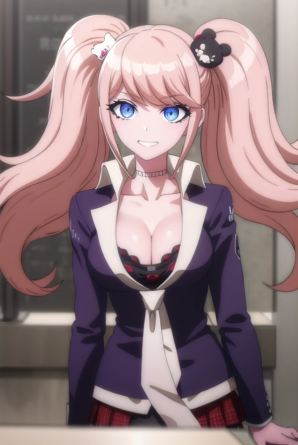 junkoenoshima, <lora:junko enoshima s1-lora-nochekaiser:1>,
junko enoshima, long hair, bangs, blue eyes, pink hair, hair ornament, twintails, bear hair ornament, smile, grin,
BREAK skirt, shirt, bow, cleavage, underwear, collarbone, necktie, choker, bra, red bow, black bra, sleeves rolled up, red skirt,
BREAK outdoors, classroom,
BREAK looking at viewer, (cowboy shot:1.5),
BREAK <lyco:GoodHands-beta2:1>, (masterpiece:1.2), best quality, high resolution, unity 8k wallpaper, (illustration:0.8), (beautiful detailed eyes:1.6), extremely detailed face, perfect lighting, extremely detailed CG, (perfect hands, perfect anatomy),