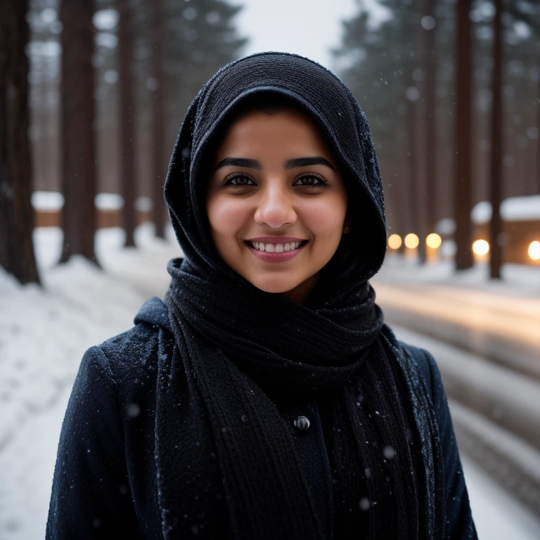 cinematic film still A young Arabic a beautiful  a smiling woman wearing a colored hooded scarf is standing in the snow. eyes detailed , volumetric light, . shallow depth of field, vignette, highly detailed, high budget, bokeh, cinemascope, moody, epic, gorgeous, film grain, grainy