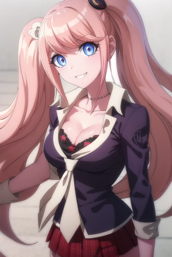 junkoenoshima, <lora:junko enoshima s1-lora-nochekaiser:1>,
junko enoshima, long hair, bangs, blue eyes, pink hair, hair ornament, twintails, bear hair ornament, smile, grin,
BREAK skirt, shirt, bow, cleavage, underwear, collarbone, necktie, choker, bra, red bow, black bra, sleeves rolled up, red skirt,
BREAK outdoors, classroom,
BREAK looking at viewer, (cowboy shot:1.5),
BREAK <lyco:GoodHands-beta2:1>, (masterpiece:1.2), best quality, high resolution, unity 8k wallpaper, (illustration:0.8), (beautiful detailed eyes:1.6), extremely detailed face, perfect lighting, extremely detailed CG, (perfect hands, perfect anatomy),