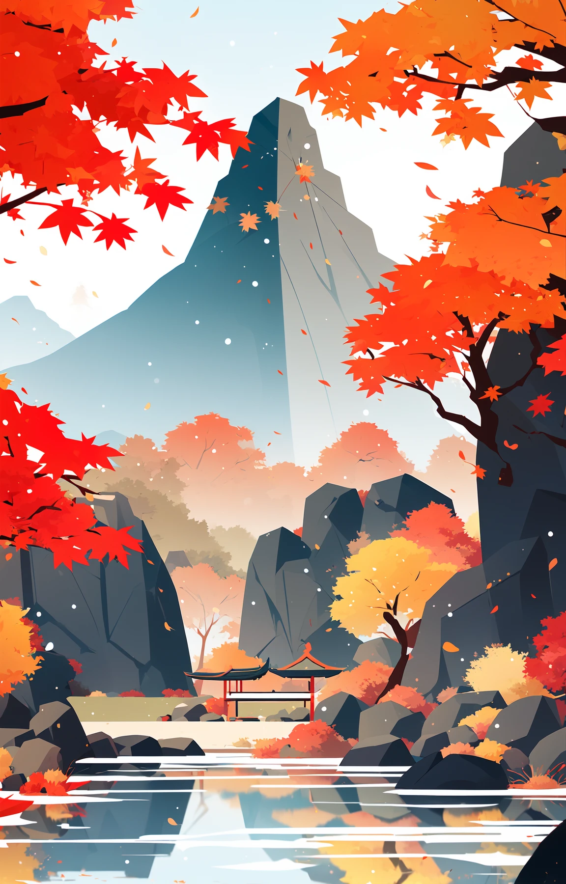 zgcj_ch, no humans, architecture, east asian architecture, outdoors, rock, scenery, bird, mountain, tree, autumn leaves, leaf, water, reflection, maple leaf<lora:MW_zgcjch_v1-000012:0.8>