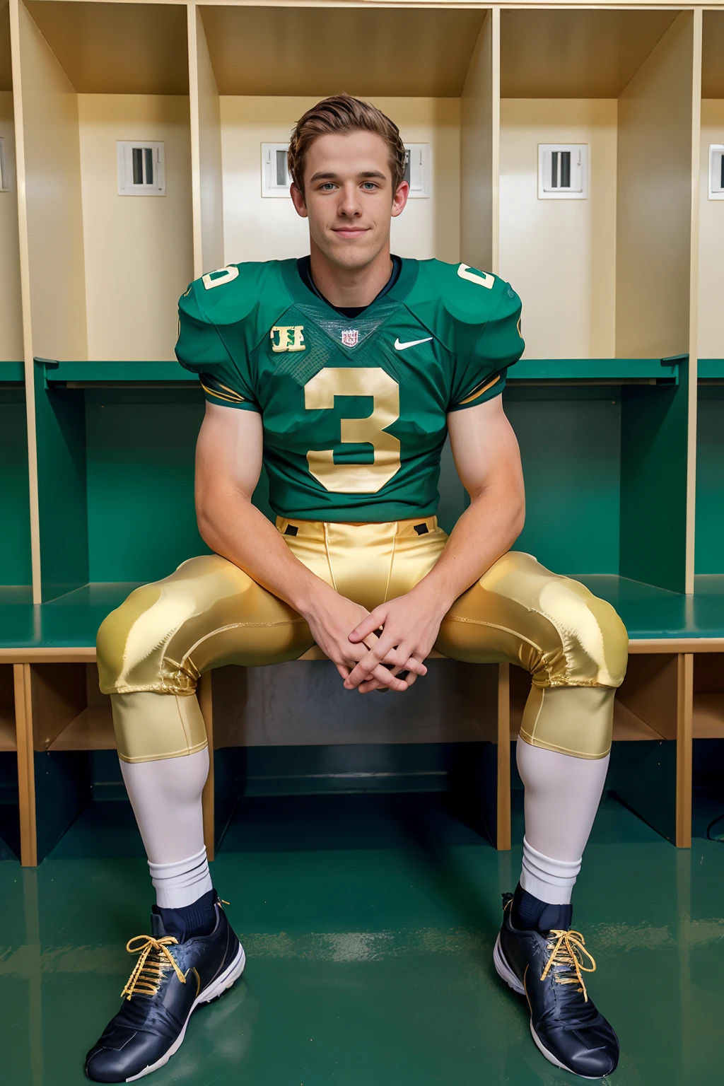 In an American football locker room, (sitting on a locker room bench), legs spread open, BradHunter is a (American football player) wearing (((green color jersey))), ((shoulder pads)), ((jersey number 3)), (((pale gold football pants and pads))), ((green socks)), (long socks), (black sneakers), slight smile, highly detailed, sharp focus, masterpiece, (((full body portrait))), (full body), wide angle, (high face detail) <lora:BradHunter:0.8>