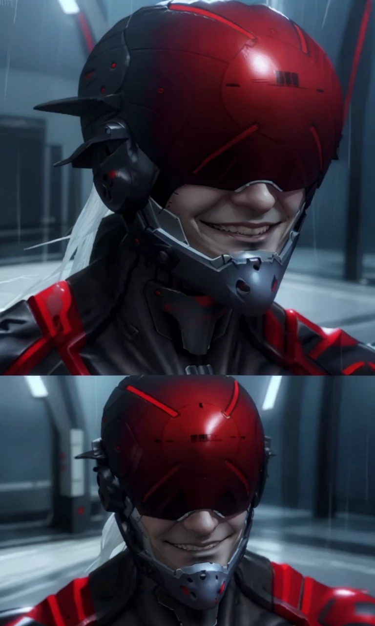 msoonmgr2024, evil smile, 1male, white hair, 8k, uhd, best quality, masterpiece, intricate, photorealistic, raw image, cyber ninja, helmet, black and red suit, sai sword, tactical suit, armor, trending on artstation, cybernetic, dramatic lighting, robotic