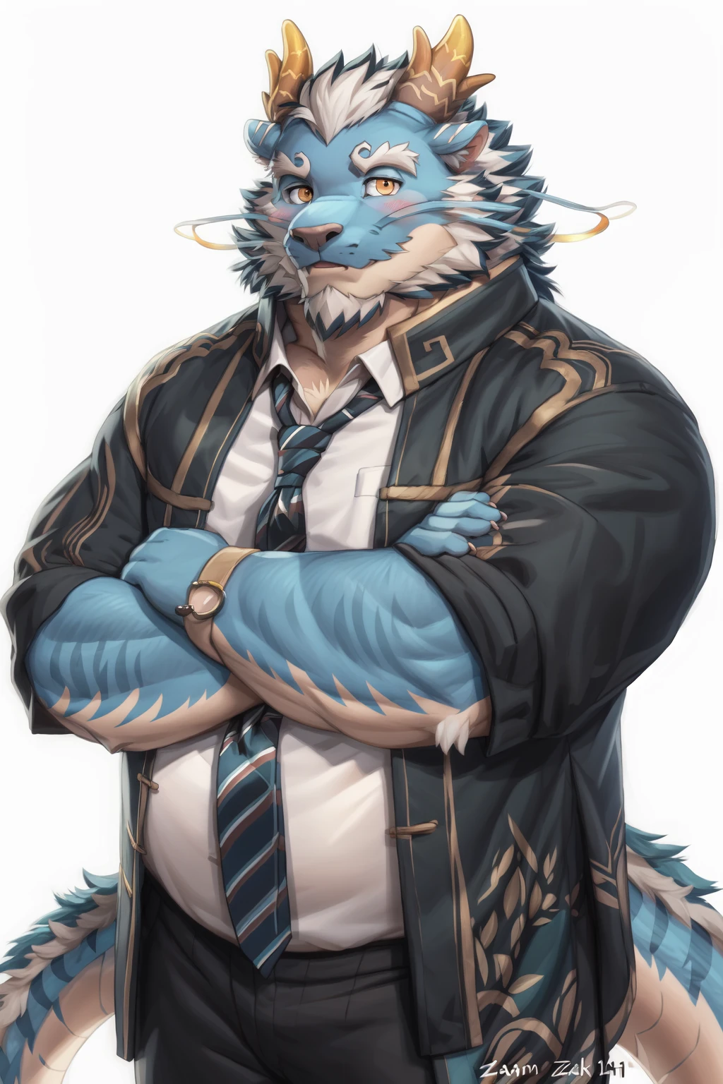 <lora:qinglong-09:1>, qinglongtas, musclegut, orange eyes, blue fur, (pose:1.3), (posing:1.3), (soft shading), 4k, hi res, ((detailed face, (detailed eyes:1.0), detailed)), (full body), by zackarry911, by zaush, (by personalami:0.5), blush, simple background, shirt, 1boy, white background, white shirt, upper body, male focus, multicolored hair, necktie, collared shirt, fangs, tiger ears, snout, face focus, portrait,