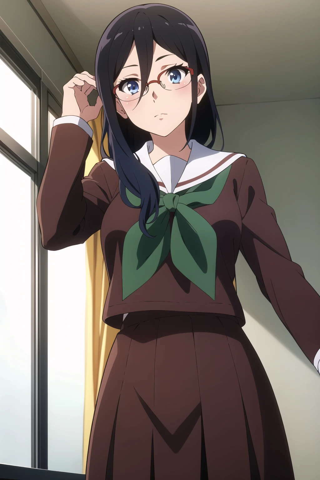 ((best quality)),((highly detailed)),masterpiece,absurdres,detailed face,beautiful face,(detailed eyes, deep eyes),1girl,((dynamic pose)), <lora:AsukaV1:0.6>,Asuka, kitauji high school uniform, solo, green neckerchief, glasses, black hair, school uniform, long hair, blue eyes, neckerchief, red-framed eyewear, serafuku, looking at viewer, blush, over-rim eyewear, window, sailor collar, semi-rimless eyewear, cowboy shot, brown shirt, hair between eyes, expressionless, indoors