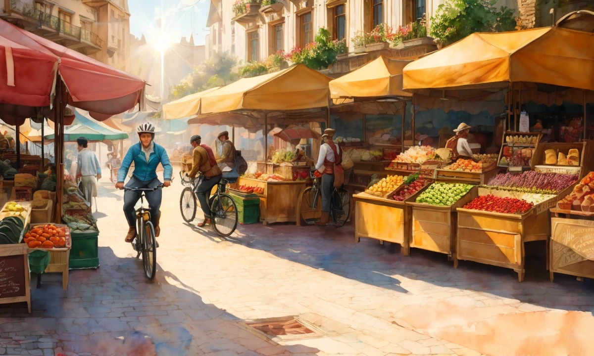 An expressive, watercolor-style animated figure with the attire of a classic adventurer, navigating an old-fashioned bike through a bustling, sunlit market square