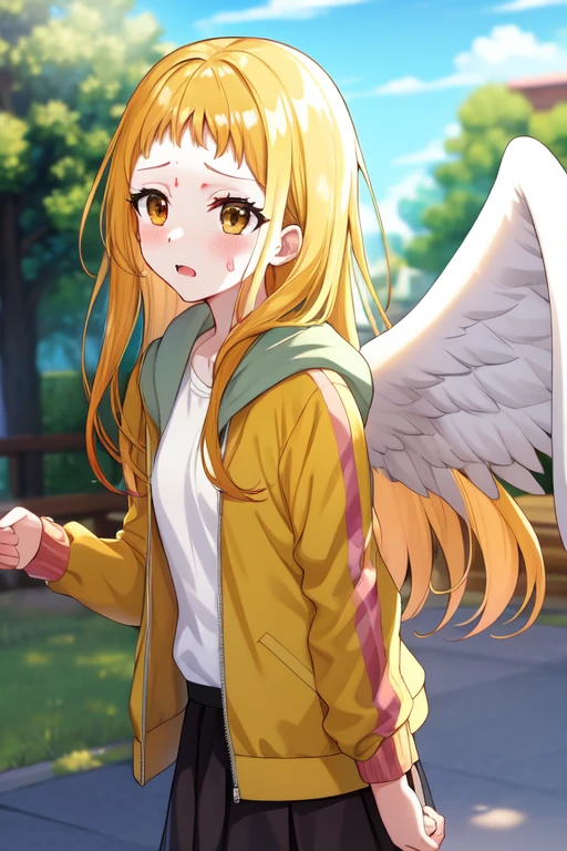 kasuganourara, sweatdrop, jacket, tree, sky, outdoors, angel wings, day, white shirt, eyelashes