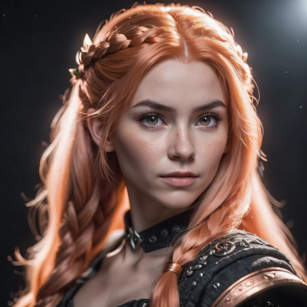 photograph, cinematic color grading, solo character portrait, young woman, hair: sparkling bright peach hair, low-tied long hair, nationality: Latvian, barbarian, dark background<lora:EnvyCharacterPortraitHelperXL01:1.0>