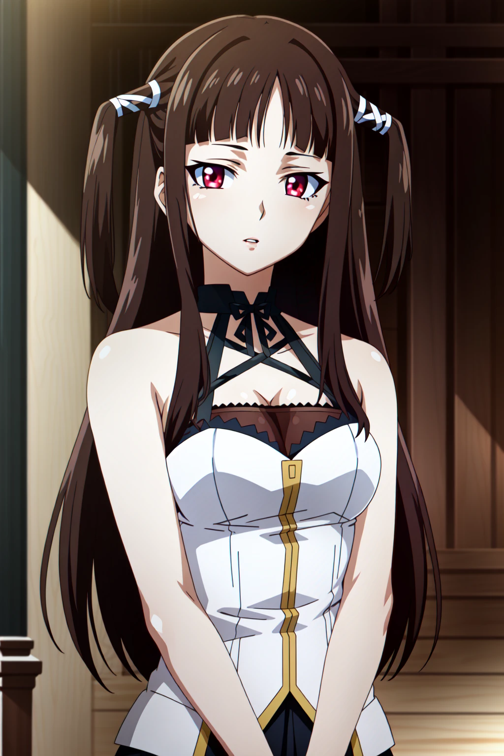 (extremely detailed CG unity 4k wallpaper),(anime coloring),(masterpiece),(best quality),(ultra-detailed),(best illustration),(best shadow),(absurdres),(detailed background), <lora:OGT_Ruby_Toujo-v2:0.7> Ruby Toujo, 1girl, solo, long hair, brown hair, red eyes, looking at viewer, parted lips, two side up, blunt bangs, bangs, medium breast, upper body