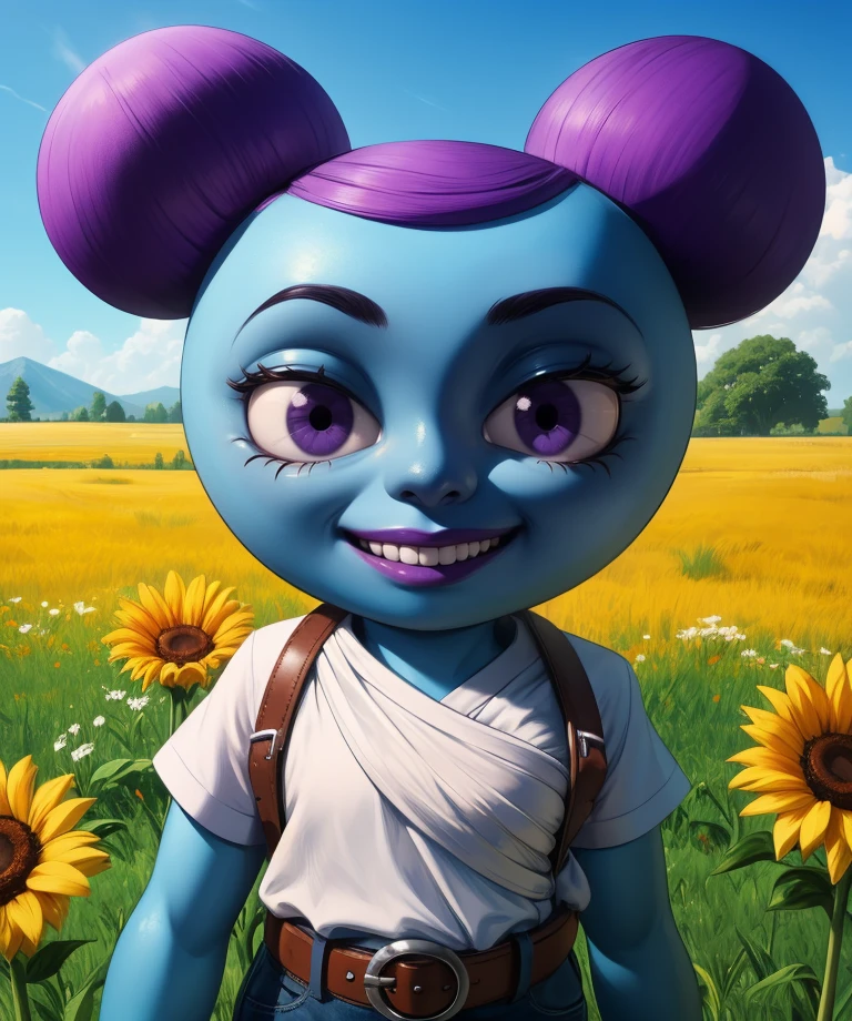 pibby black eyes,purple hair,double bun,blue skin,
standing,
smile,white shirt,belt,
outdoors,plains,
(insanely detailed, beautiful detailed face, masterpiece, best quality),solo,<lora:pippy:0.7>,