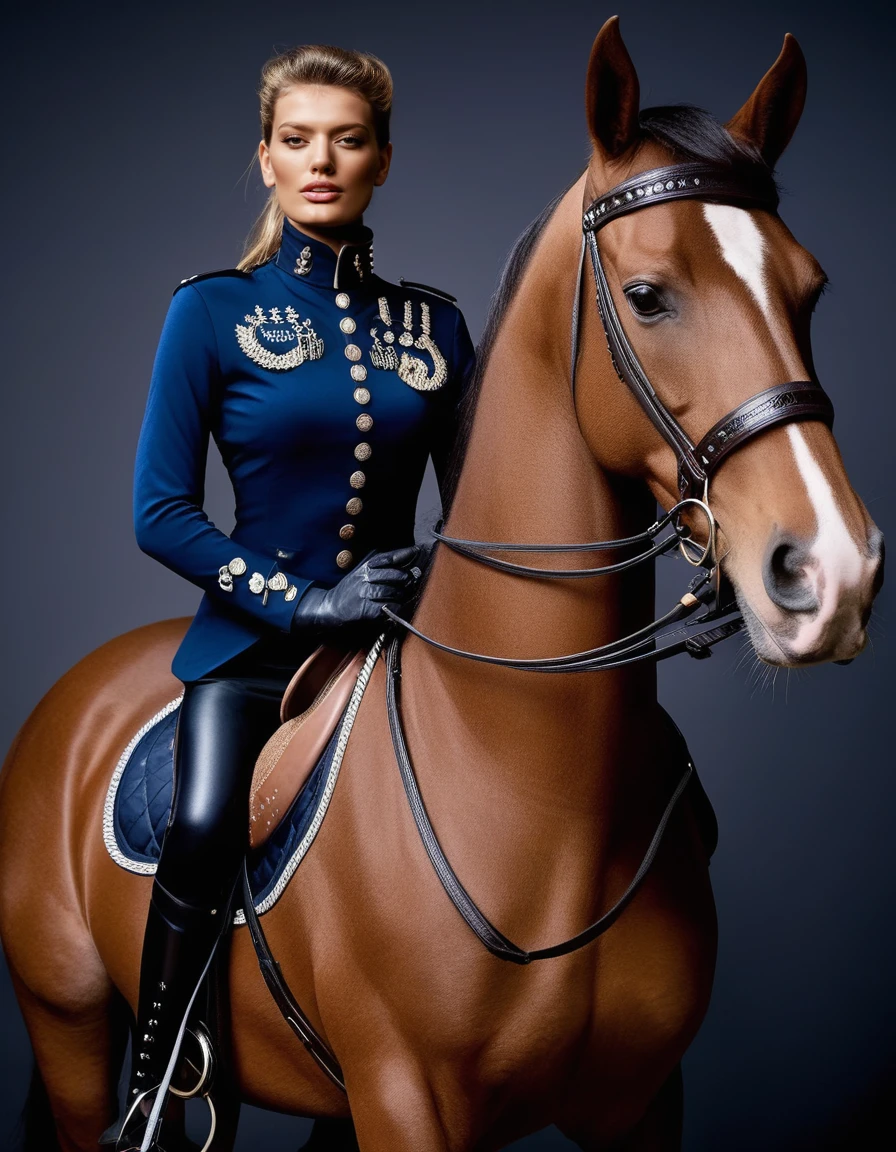 Scotland, <lora:BregjeHeinen:1> Bregje Heinen, a dutch model, posing riding a horse, high-necked clothing, professional lighting, professionally color graded Technichrome, tack sharp, fashion shoot, tack sharp, Nikon DSLR