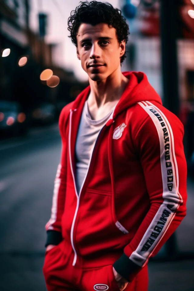 michael trevino a man <lora:Adam-Dimarco_Michael-Trevino-000001:1>, realistic photo in a worn ((skin-revealing skimpy erotic red tracksuit, massive hairy pecs)), abs, big pecs, big arms, bulge, VPL, ((light bokeh)), intricate, (steel metal [rust]), elegant, erotic, exuding sexual energy, homoerotic, sharp focus, photo by greg rutkowski, soft lighting, vibrant colors, (masterpiece), ((streets)), (detailed face), looking at viewer, light smile, night, walking towards viewer, cinematic lighting, beautiful lighting, cinematic lighting, (hazy filter, film grain:1.2)