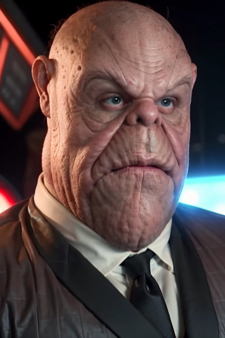 lurian man, bald, wrinkled skin, frown, closed mouth, scifi starship background, <lora:char_st_lurian:0.75>, formal, suit jacket, bowtie, tuxedo