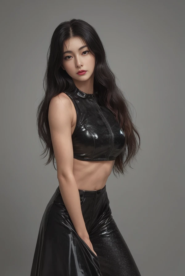 ultra highres, 4k, 8k, raw photo in hdr, sharp focus, best quality, intricate texture, skin imperfections, smooth skin, realistic, standing, full body shot, detailed facial features, highly detailed face, <lora:Seulki_v1:0.7>, black latex outfit