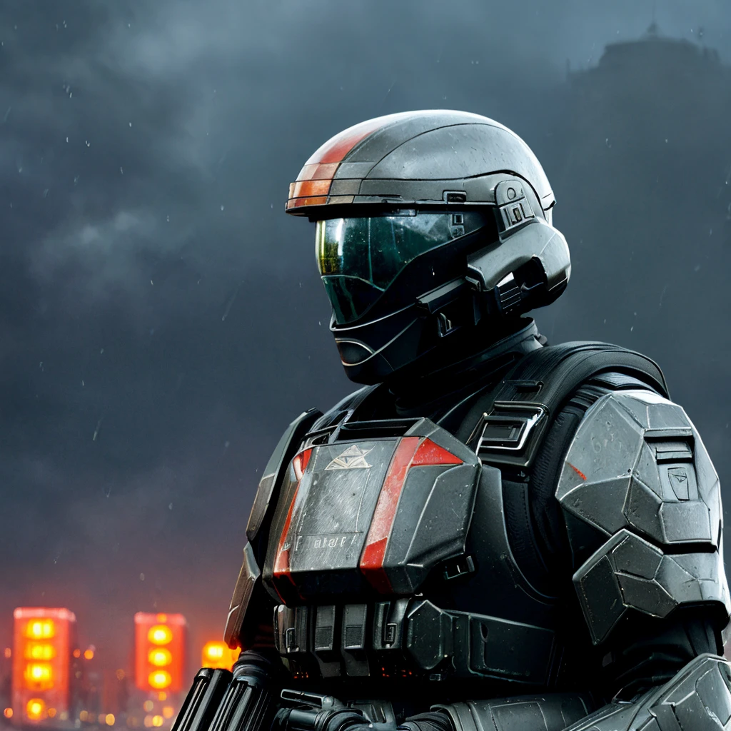 jakubrozalskistyle (illustration) (oil painting) an ODST wearing a helmet and holding a smg, from side, outdoors, side view, night, rain, cityscape, science fiction, black armor, backpack <lora:ODST-07:0.75> <lora:LORA-XenoDetailer-v3:1> edgQuality <lora:JakubRozalskistyleV1:0.5>