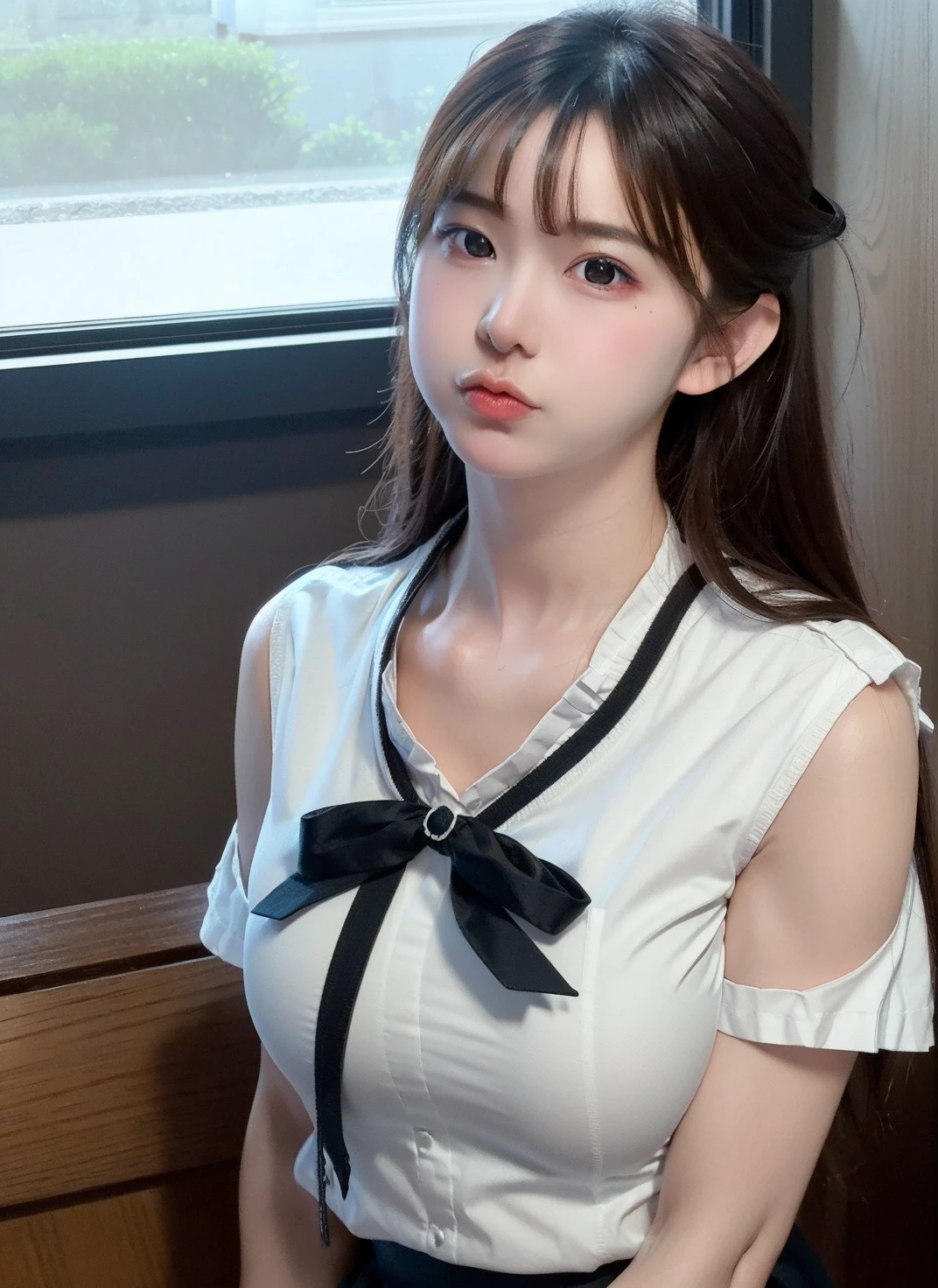 Best quality,masterpiece,ultra high res,(photorealistic:1.4),raw photo,1girl,in the dark,deep shadow,low key,cold light,blur background,xixizi,upper body,serafuku,sailor,school_uniform,