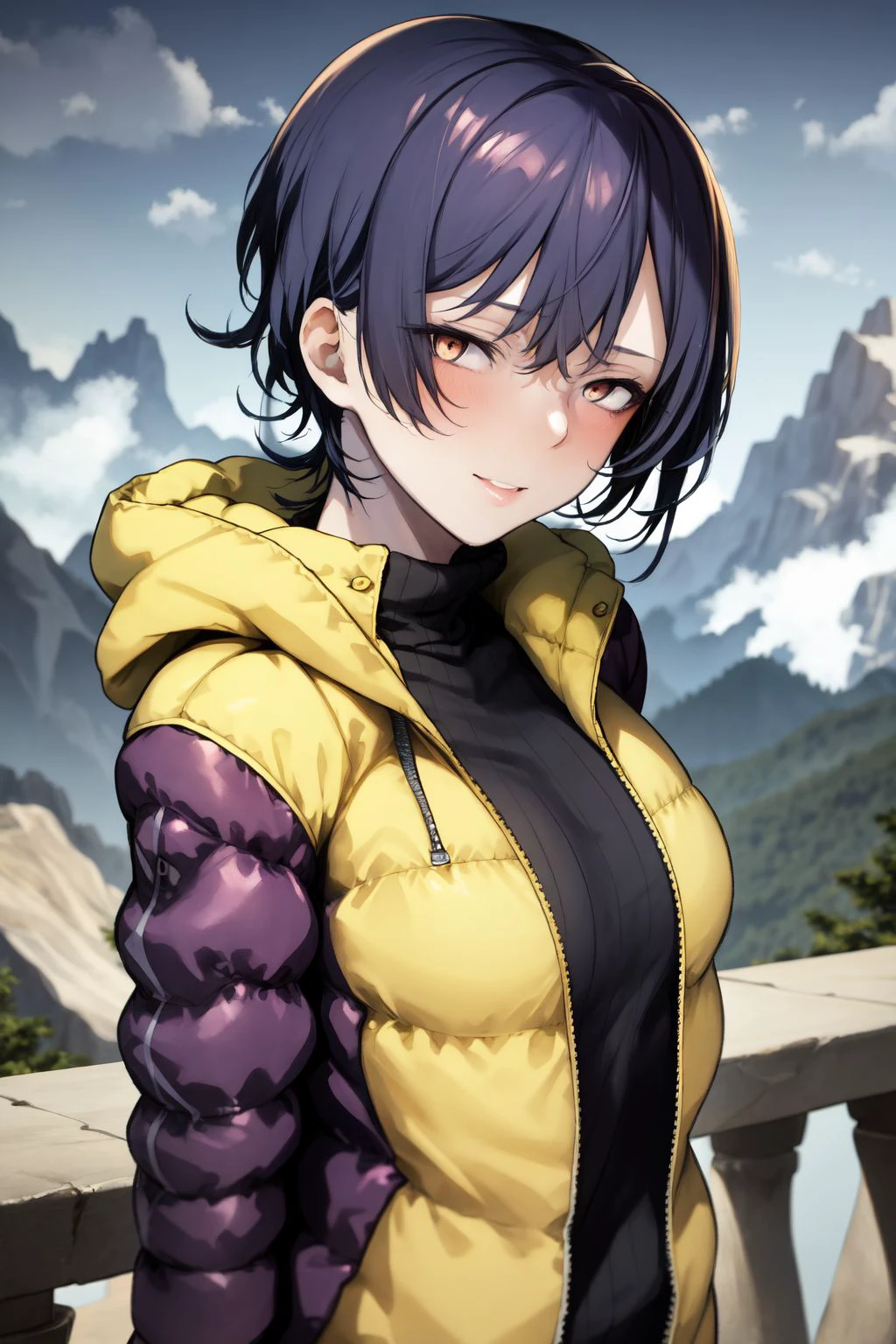 portrait, solo, 1girl, amused, dark blue hair, short hair, bronze eyes, purple yellow raincoat, mountain <lora:Kyoyakyo_style_v01:1>