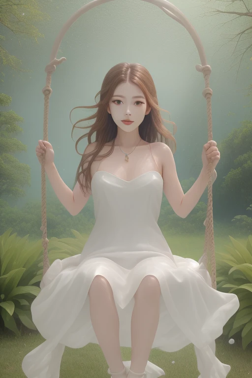 crown, wreath, low cut, lace, slip dress, stockings, garden, all kinds of flowers, sitting on a swing, near, church, school, beautiful things, beautiful body, beautiful legs,<lora:åæµ-000008:1> absurdres, yong girl,
