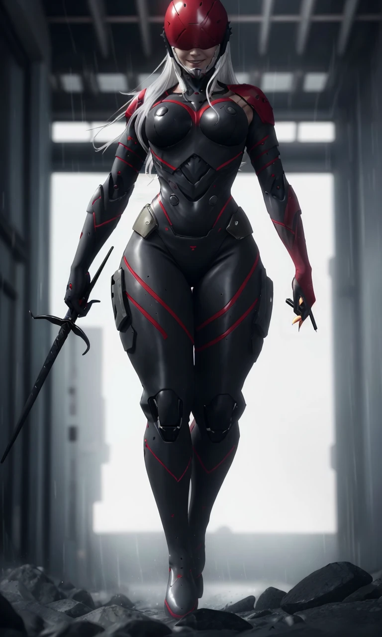 msoonmgr2024, evil smile, 1girl, white hair, 8k, uhd, best quality, masterpiece, intricate, photorealistic, raw image, cyber ninja, helmet, black and red suit, sai sword, tactical suit, armor, trending on artstation, cybernetic, dramatic lighting, robotic, large breasts, thin waist, wide hips, full body,