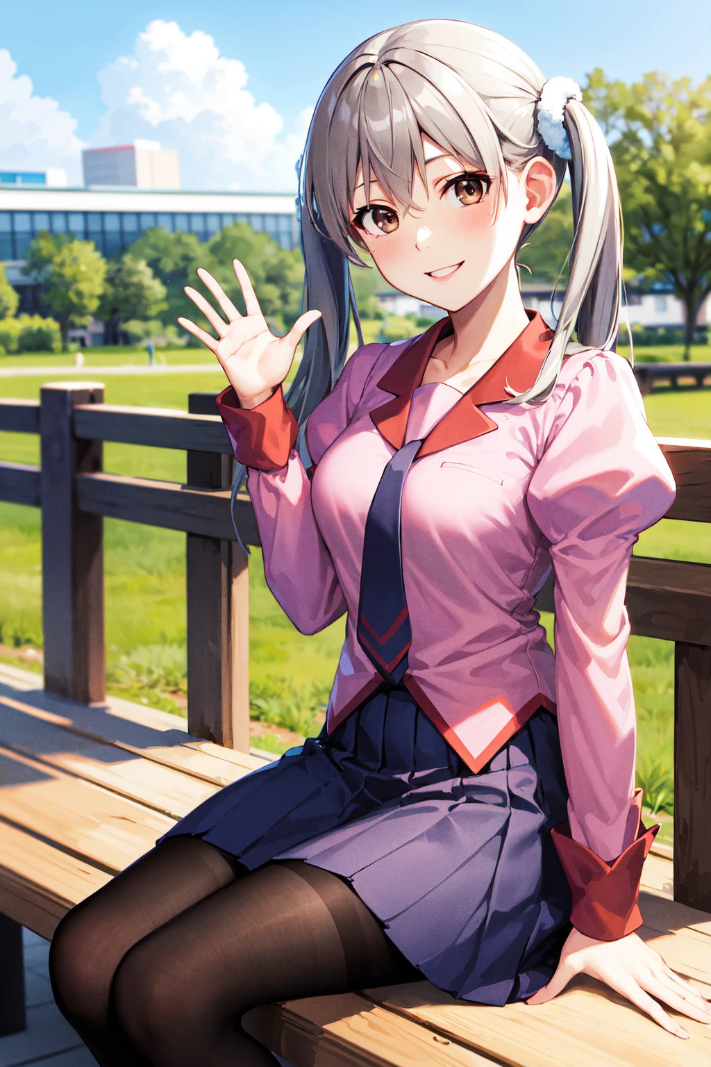 masterpiece, best quality, highres, aasodachi, long hair, twintails, brown eyes, school uniform, necktie, pink shirt, puffy sleeves, long sleeves, purple skirt, black pantyhose, <lora:oikura_sodachi_v1:0.8>, smile, waving, sitting, bench, outdoors