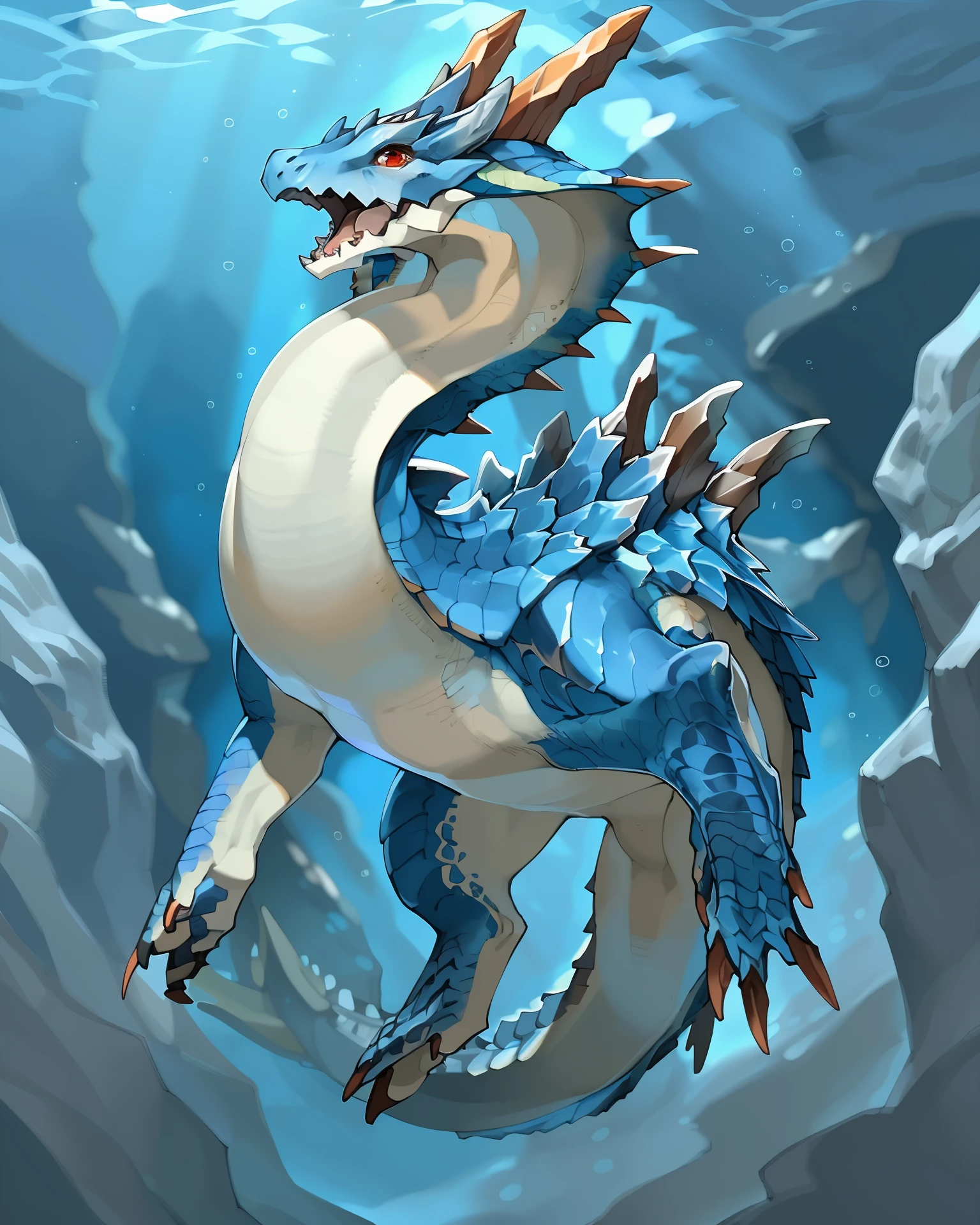 <lora:MH_Lagiacrus_a3_4_VPred:1>,
feral,lagiacrus,solo,hi res,
detailed background,outdoors,by kame 3,(three-quarter view),red eyes,underwater,open mouth,floating,