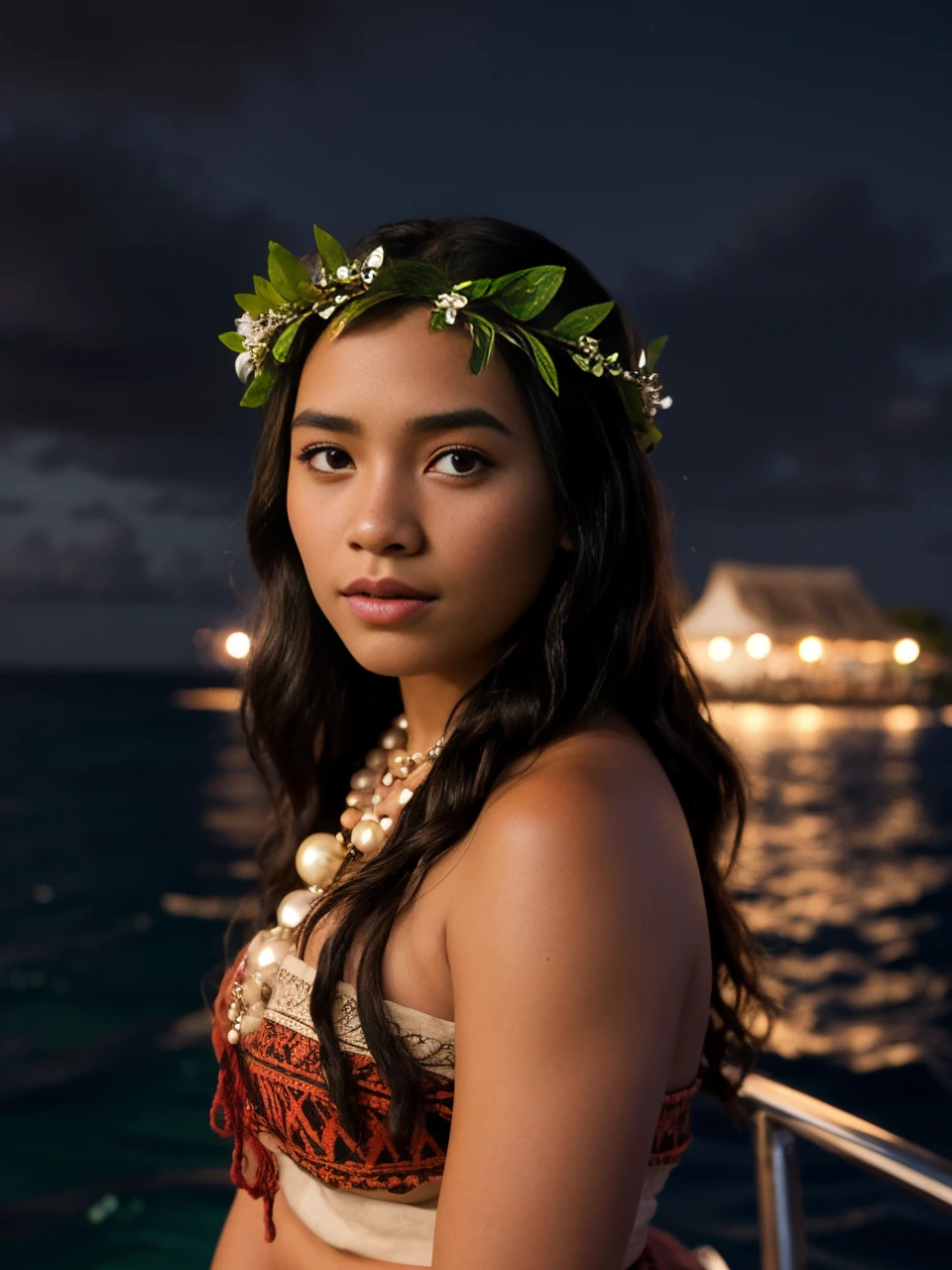 Moana cinematic portrait of night shot of photograph of woman, moana-real, 1girl, happy, on a boat, necklace,head wreath, <lora:moana-real-v1.0-000002:1>. Dark, lit, moody, mysterious. 85mm lens, f/1.8, dramatic side lighting, moody atmosphere . Animated, Polynesian, ocean adventure, highly detailed