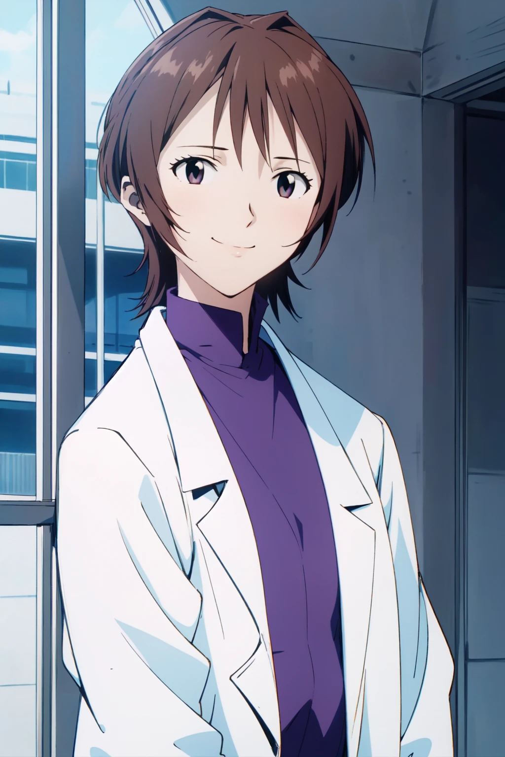 (RAW photo, best quality), 1girl,  natural lighting <lora:eva_yui_ikari_v2_2-000004:1>, yui ikari, labcoat, smile,