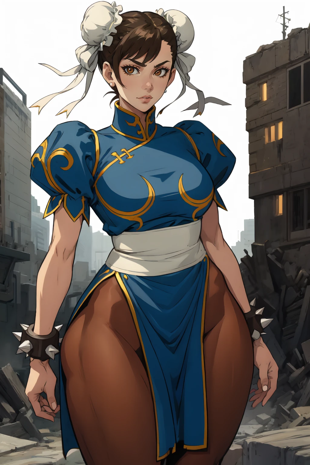 1girl, (solo:1.2), (cowboy shot:1.2), closed mouth, (confident:1.2), (looking at viewer:1.3), close-up, (fighting stance),
<lora:Chun-Li [FrogTheJam - v1.0]:0.9> chun li, brown eyes, short hair, brown hair, double bun, bun cover, blue dress, pelvic curtain, spiked bracelet, sash, brown pantyhose, (wide hips:1.2), thick thighs, curvy
BREAK <lora:Mikoyan [MockAi - v1.0]:0.85> mikoyan, (anime aesthetic:1.2), (simple shading:1.3), (cell shading:1.4)
BREAK intricate details, (masterpiece:1.3), (best quality:1.3), (perfect anatomy:1.4) BREAK, (post fight scenery:1.3), rubble, outside, daylight