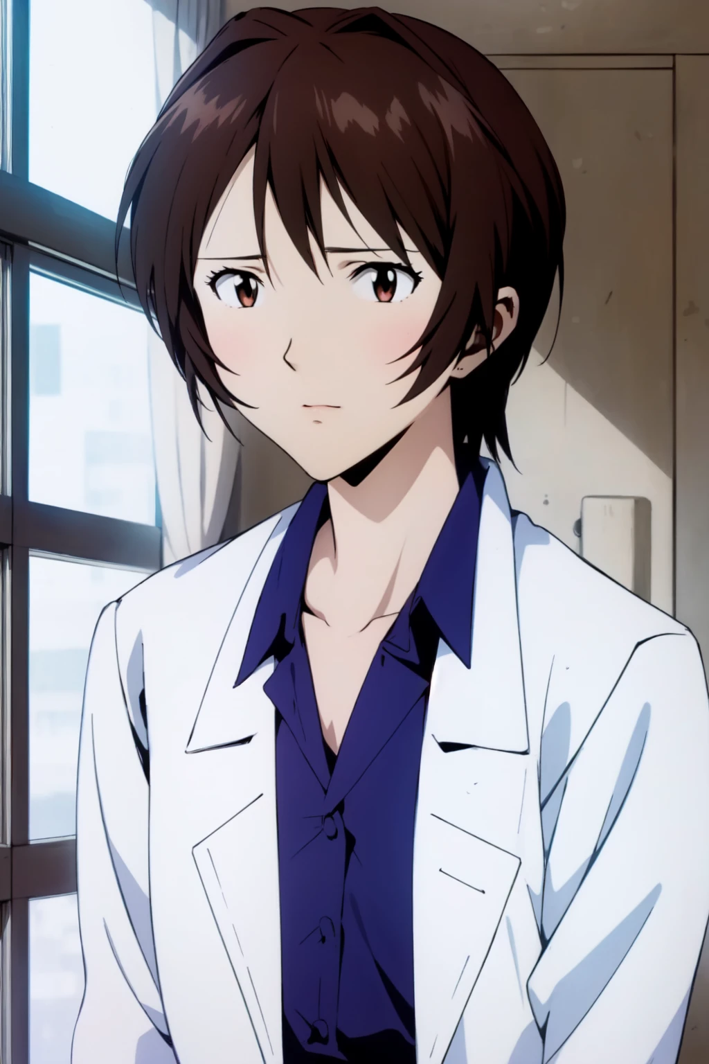 (RAW photo, best quality), 1girl, natural lighting <lora:eva_yui_ikari_v2_2-000004:1>, yui ikari, labcoat,