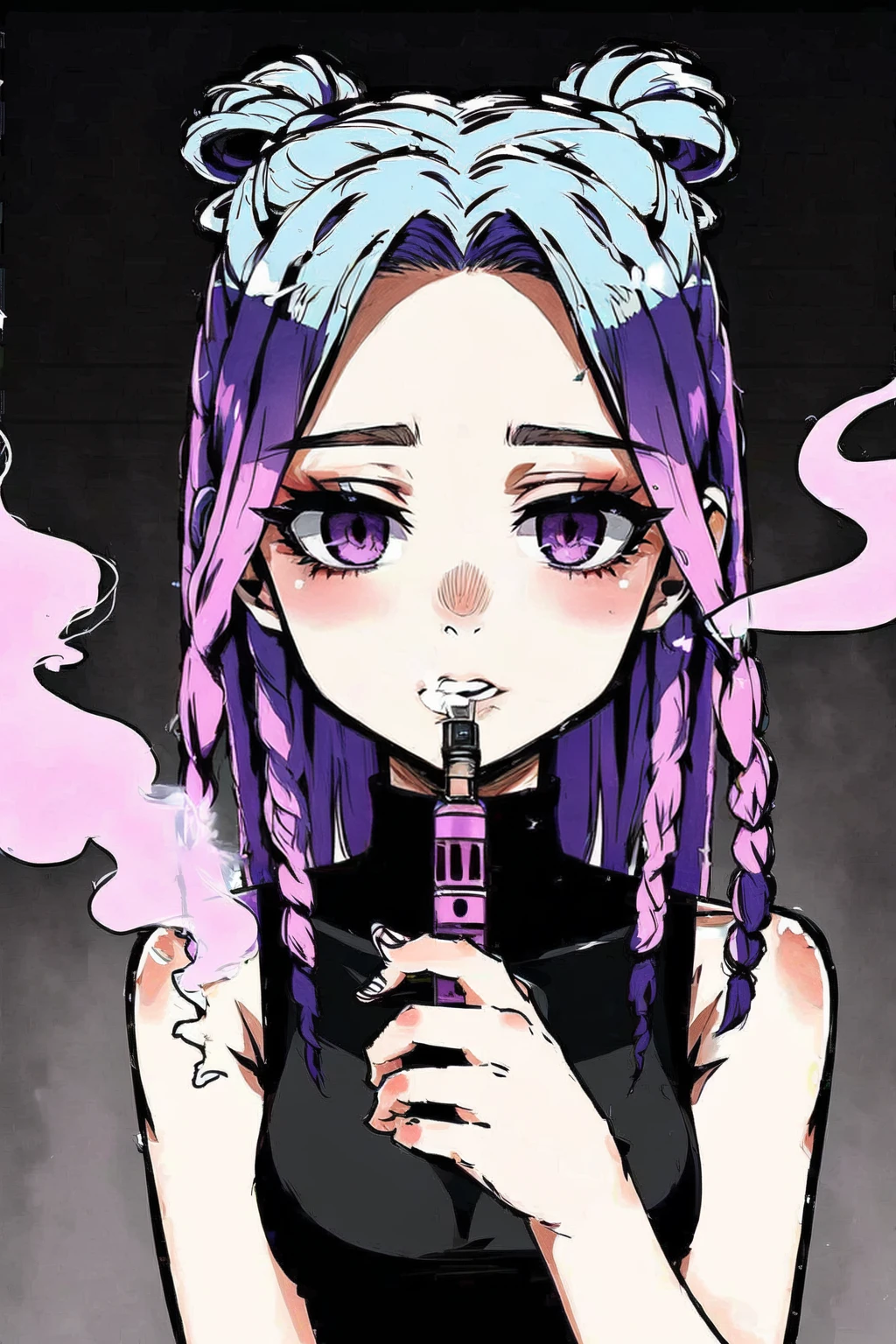 (masterpiece, highres, detailed),upper body,1girl,violet eyes,<lora:africandreadlocks:0.7>, dreadlocks,gradient blue hair,<lora:VappingV3:0.7>,vapping,smoke,holding,vape,