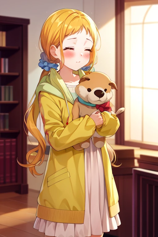 kasuganourara, hair scrunchie, hoodie, dress, indoors, closed eyes, twintails, standing, bow, blush