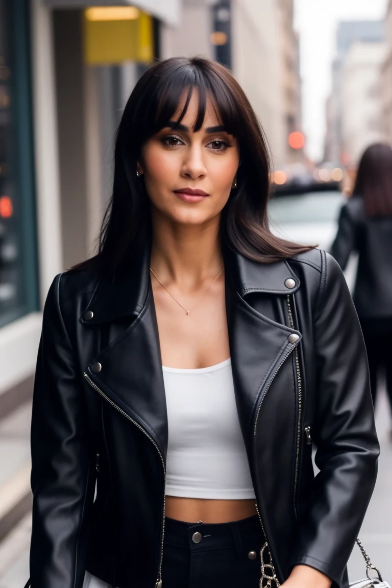 mndngwmn, detailed skin, wearing a leather jacket, on the street, <lora:mondongo_Aitana_v2:1>