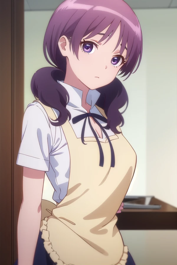 shihokamakura, <lora:shiho kamakura s1-lora-nochekaiser:1>,
shiho kamakura, long hair, twintails, purple hair, (purple eyes:1.1),
BREAK apron, waitress,
BREAK indoors, restaurant,
BREAK looking at viewer, (cowboy shot:1.5),
BREAK <lyco:GoodHands-beta2:1>, (masterpiece:1.2), best quality, high resolution, unity 8k wallpaper, (illustration:0.8), (beautiful detailed eyes:1.6), extremely detailed face, perfect lighting, extremely detailed CG, (perfect hands, perfect anatomy),